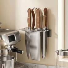 1pc Wall-Mounted Stainless Steel Knife Rack - Multi-Slot Kitchen Knife Storage Rack, No-Drill Wall Shelf, Space-Saving Home Knife Display Rack, Rust-Proof Kitchen Utensil Storage Rack - Grey - View 2