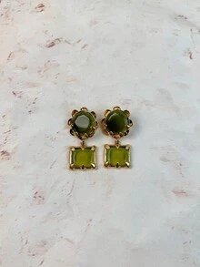 ZAA Antique Gold Two-Tier Gemstone Dangle Earrings, Vintage Medieval Earth Tone Statement Earrings For Fall Party - Geometric Resin Earrings - View 10