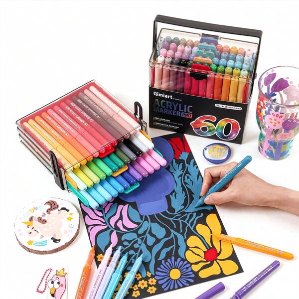 Languo 84/60/36 Colors Direct Liquid Acrylic Paint Markers - Portable Transparent Packaging Box, Colorful Marker Pens, Coloring Marker Set, Suitable For Painting, Doodling, Illustration, Handicrafts, School Back To School Season For Coloring Books And Other DIY Projects, Applicable To Paper, Fabric, Canvas, Wood, Rock, Plastic, Glass, Ceramic, Pumpkin, Metal, Etc., Easter, Thanksgiving, Halloween, Christmas Gift Supplies