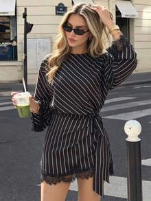 Women's Vintage Striped 2-Piece Set, Long Sleeve Top And Bodycon Mini Skirt, Shirt And Skirt Outfit, Suitable For Daily Work, Holiday Casual Wear, Daily Commute, Shopping, Party, Dance, Christmas, Halloween, Autumn/Winter - Black - View 4