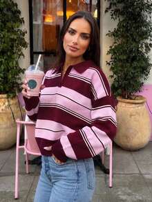 Women's Colorblock Casual Daily Long Sleeve Sweater - Maple Leaf Red - View 3