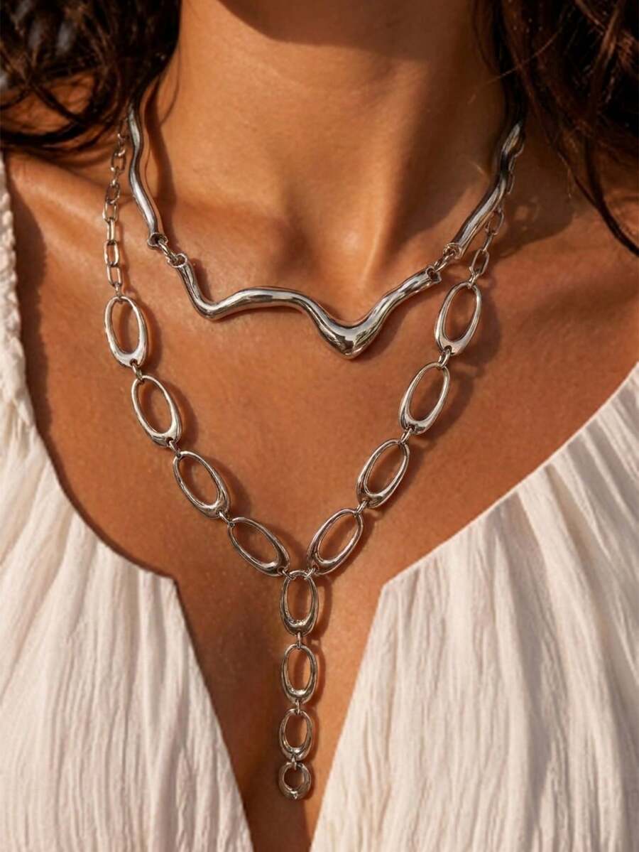 2pcs Liquid Lava Geometric Exaggerated Circle Patchwork Chain Multi-Layer Necklace Jewelry Set - Silver - View 1