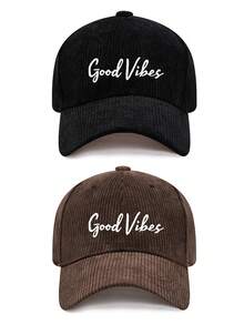 1pc/2pcs Vintage Corduroy Baseball Cap For Women, Printed With "Good Vibes" Letter, Adjustable Strap, Spring/Autumn Street Style Hat - Multicolor - View 16