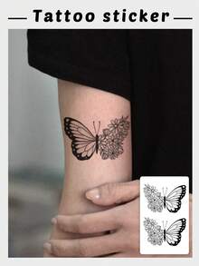 1 Sheet Vintage Line Art Butterfly & Daisy Floral Fake Tattoo Sticker, Minimal Black Outline Insect Flower Temporary Tattoo, Sweat‑Resistant Waterproof Body Decal, Chic Pattern For Wrist Forearm, Fashion Body Accessory For Young Ladies - Black - View 1