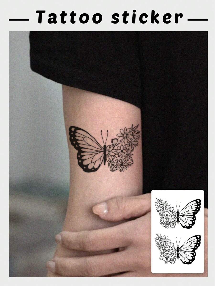 1 Sheet Vintage Line Art Butterfly & Daisy Floral Fake Tattoo Sticker, Minimal Black Outline Insect Flower Temporary Tattoo, Sweat‑Resistant Waterproof Body Decal, Chic Pattern For Wrist Forearm, Fashion Body Accessory For Young Ladies - Black - View 1
