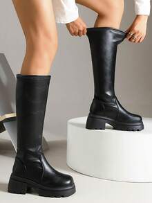 Women's Minimalist Black Elastic Leather Riding Boots, Round Toe, Zipperless Slip-On Design, Serrated Thick Sole, Height-Increasing, Versatile Over-The-Knee Boots, Autumn/Winter - Black - View 3