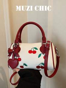 Niche Sweet Contrast Color Cherry Embroidered Boston Classic Pillow Bag With Hand Carry Handle And Adjustable Long Shoulder Strap, 3-In-1 Carrying Style: Handheld, Shoulder, Crossbody, Suitable For Light Travel, Shopping, Dating, Commuting And Outings - Red - View 1