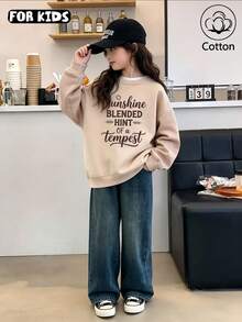 Kids' Casual Loose Crewneck Sweatshirt, Letter And Heart Print, Long-Sleeve Pullover, Suitable For Daily Wear In Spring And Autumn, Fashionable - Apricot - View 11