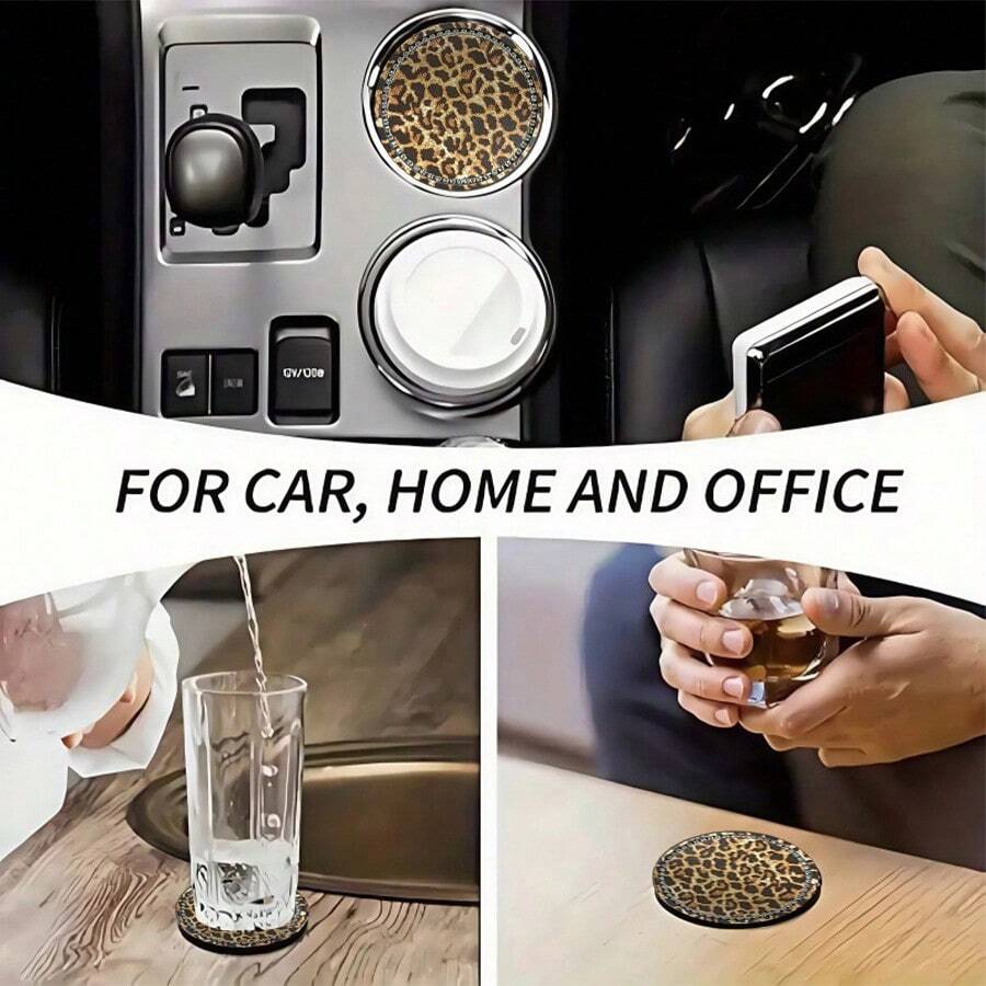 2pcs Fine Leopard Print Rhinestone Cup Coasters, New Style, Delicate Leopard Pattern With Sparkling Rhinestones, Fits Car Cup Holders, Protects And Enhances Car Interior Atmosphere - 2pcs New Rhinestone Leopard Print Coasters - View 1