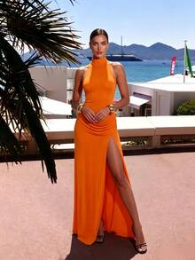 Elegant Strapless Oversized 3D Floral Pattern Beaded Ribbon Sequin Dress - Coral Orange - View 4