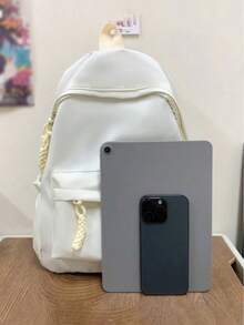 1pc Minimalist Solid Color Nylon Backpack, Woven Rope Zipper Design, Multi-Pocket Compartment Storage, Durable And Wear-Resistant Fabric, Large Capacity, Can Store Books, Stationery And Personal Items, Suitable For Daily School, Short Trips, Versatile And Timeless Style, Recommended Backpack For Back To School Season, Suitable As Christmas Gift, Halloween Gift, Thanksgiving Gift For Students And Teenagers - Multi-color - View 11
