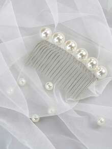1pc Fingertip Length Single Layer Bridal Veil With Faux Pearl Decorated Hair Comb, For Wedding, Photography, Pre-Wedding Party Headpiece - White - View 5