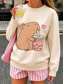 青少年女孩 1件水豚印花圓領衛衣，保暖秋冬長袖上衣，適合年輕學生 - 杏色 - 查看 3