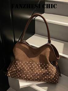 Influencer Style Polka Dot Tote Bag With Colorblock Design, 3D Letter Print, Soft Body, Large Capacity Storage, Women's Casual Underarm Bag - Coffee - View 6