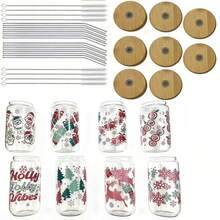 Christmas Themed Printed Glass Cup Set / With Bamboo Lid. Glass Straw, Stainless Steel Straw Brush. Multiple Fun Holiday Patterns, Transparent Cup Body With Excellent Texture, Suitable For Cold Drinks, Juice, Coffee, Perfect For Home Use, Holiday Gifts, Party Use, Decorating The Atmosphere Of Winter Time. - Multicolor - View 13