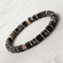 Snowflake Obsidian Square Bead Bracelet With Gold Spacer And Micro-Inlaid Rhinestones, Elastic Stretch Bracelet, Unisex Jewelry Gift - Multicolor - View 3