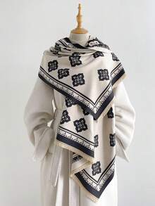 1PC Women's Autumn/Winter Double-Sided Faux Cashmere Floral Jacquard Warm Scarf Shawl, Suitable For Daily Wear - Black and White - View 1