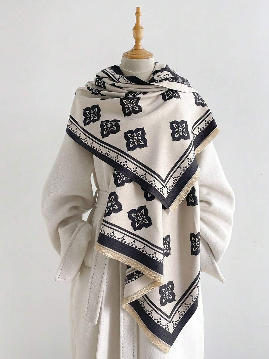 1PC Women's Autumn/Winter Double-Sided Faux Cashmere Floral Jacquard Warm Scarf Shawl, Suitable For Daily Wear - Black and White - View 1