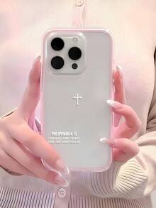 1pc Pink Frame Transparent Minimalist Lens Protection Anti-Drop Anti-Collision Simple Cross & English Letter Pattern Phone Case, Personalized Compatible With Iphone 16 Pro Max/17/16/15/14 Plus/13/12/11/Air And Series - Multicolor - View 3