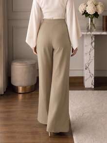 Women's Khaki High Waist Double Row Metal Button Wide Leg Suit Pants, Commuter Business Elegant Pants - Khaki - View 4