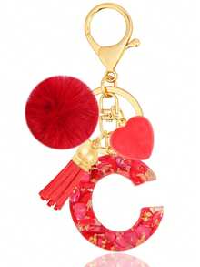 Cute Initial Red Heart Gold Foil Stone Tassel Pom Pom Keychain Resin Drip Glue Minimalist Personalized Key Chain For Women Bags Daily Wear And Gift - Red - View 9