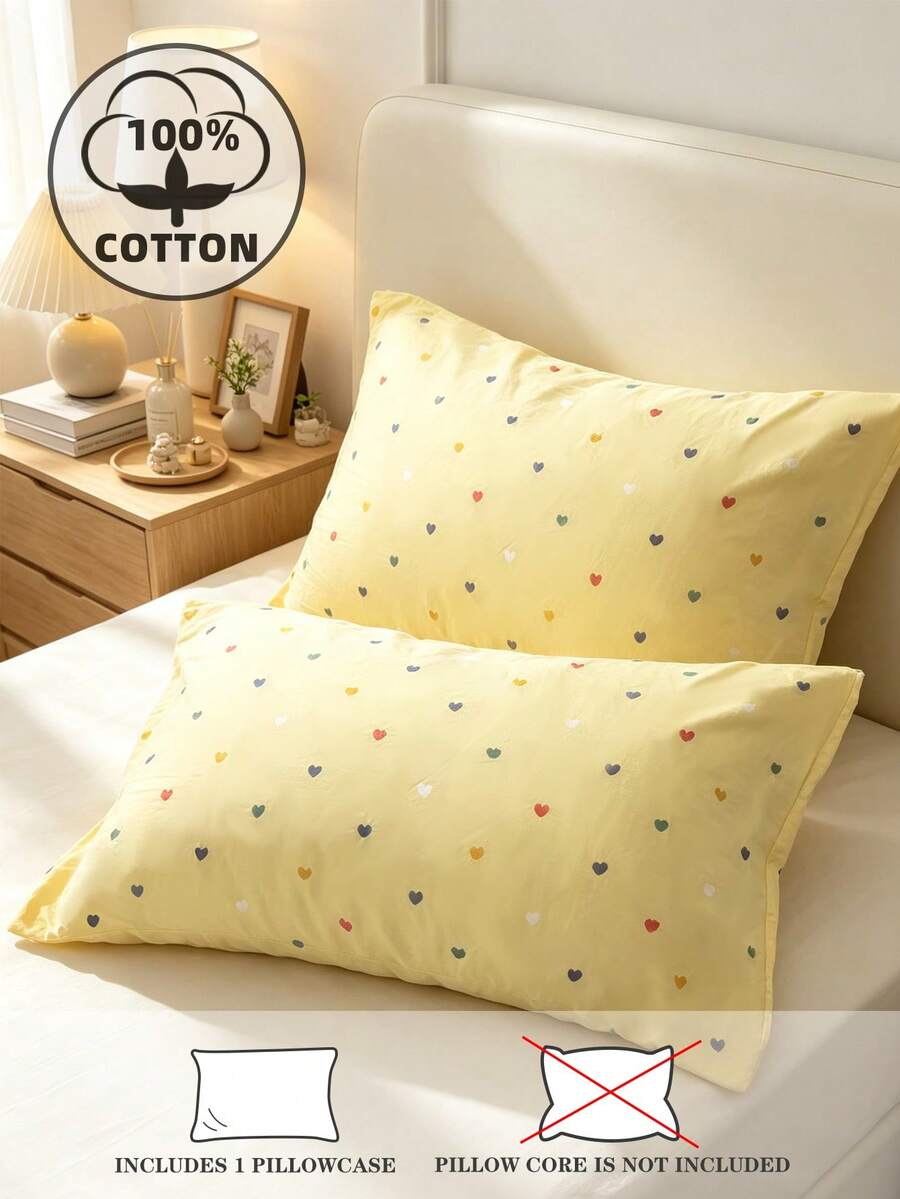 1pc Yellow Solid Color Small Heart Pattern 100% Cotton Anti-Pilling Breathable Japanese All-Season Small Size Double Pillow Square Pillowcase & Decorative Bed Pillowcase Single Twin Full Queen King - Yellow - View 1