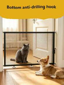 Retractable Breathable Mesh Pet Isolation Gate, No Drilling Installation, With Anti-Drill Suction Cup Hooks For Easier Setup, Convenient Pet Zoning, Suitable For Stairs, Balcony, Kitchen, Bedroom - Black - View 10