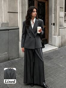 Women's Autumn/Winter Fashion Commute Lined Double-Breasted Padded Shoulder Loose Long Sleeve Blazer & Pleated Wide Leg Pants Set - Dark Grey - View 1