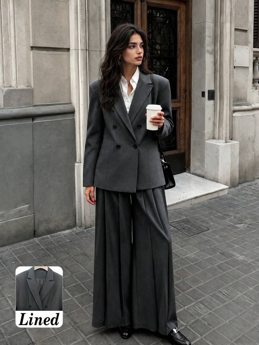 Women's Autumn/Winter Fashion Commute Lined Double-Breasted Padded Shoulder Loose Long Sleeve Blazer & Pleated Wide Leg Pants Set - Dark Grey - View 1