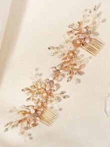 1件新娘花卉髮藤雙梳裝飾 水鑽珍珠花卉頭飾 婚禮用 - 金色 - 查看 6