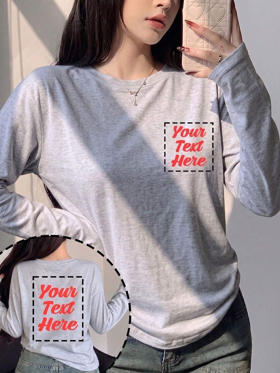 Custom Women's Long Sleeve T-Shirt - Add Your Text, Customize Your Text/Message/Birthday Wishes. Personalized Text Customization Sports - Light Grey - View 1