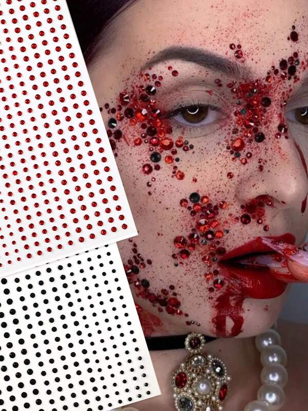 2PCS Black + Red Large & Small Round Rhinestone Face Gems, Self-Adhesive Rhinestone Stickers For Halloween Makeup, Party Gift, Reusable Glitter Decorative Face Jewels