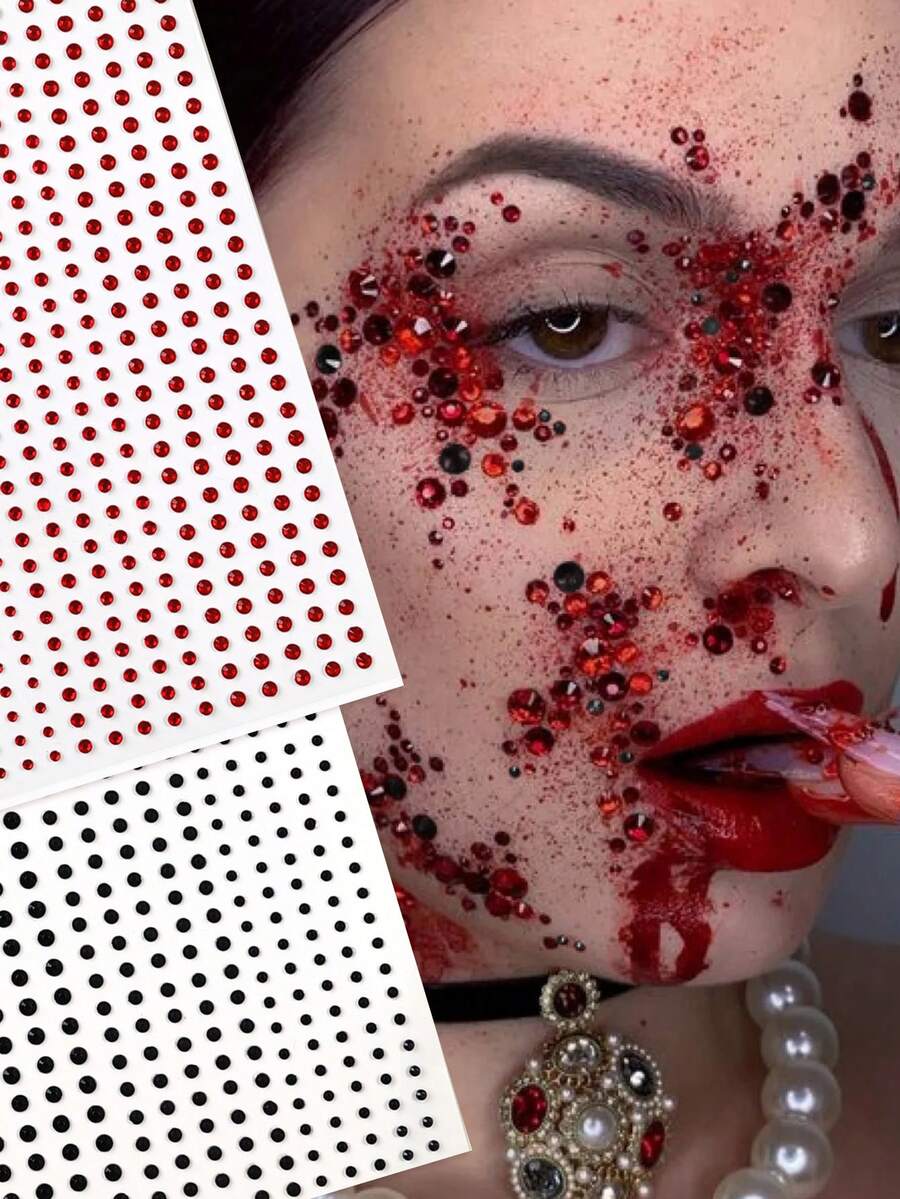 2PCS Black + Red Large & Small Round Rhinestone Face Gems, Self-Adhesive Rhinestone Stickers For Halloween Makeup, Party Gift, Reusable Glitter Decorative Face Jewels - Multicolor - View 1