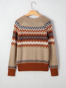 Acelitt Autumn/Winter Vintage Fair Isle Geometric Jacquard Round Neck Raglan Sleeve Loose Long Sleeve Knit Sweater, Suitable For Daily, Holiday, Outdoor Wear - Khaki - View 4