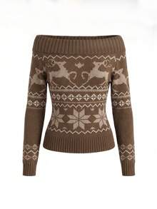 Women Off‑Shoulder Cropped Fair Isle Knit Sweater, Long Sleeve Christmas Snowflake Reindeer Pattern Soft Knitted Top For Fall Holiday Casual Wear - Khaki - View 5