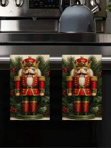2pcs/4pcs Vintage Christmas Crown Nutcracker Kitchen Towels, Holly Berry Pine Branch Nutcracker King Print, Country Style Christmas Hand Towels, Kitchen Baking Decorative Towels - Multicolor - View 6