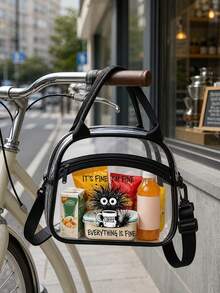 Insulated Lunch Bag With "Everything Is Fine" Print, Coffee Cup Design Portable Transparent Lunch Bag, PVC Material, Fashionable Portable Lunch Box Bag, Large Capacity Lunch Bag, Lunch Bag For Office Workers And Students, Multi-Functional Travel Storage Bag, Suitable For All Seasons, Reusable Transparent Snack Storage Tote Bag, Suitable For Outdoor Picnic Camping Travel, Includes Matching Utensil Storage Bag - Multicolor - View 7