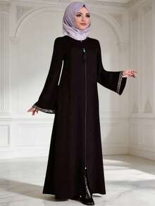 Minimalist Loose Casual Women's Round Neck Zip Up Dress, Dignified Long Robe Spring Black Fall - Black - View 2