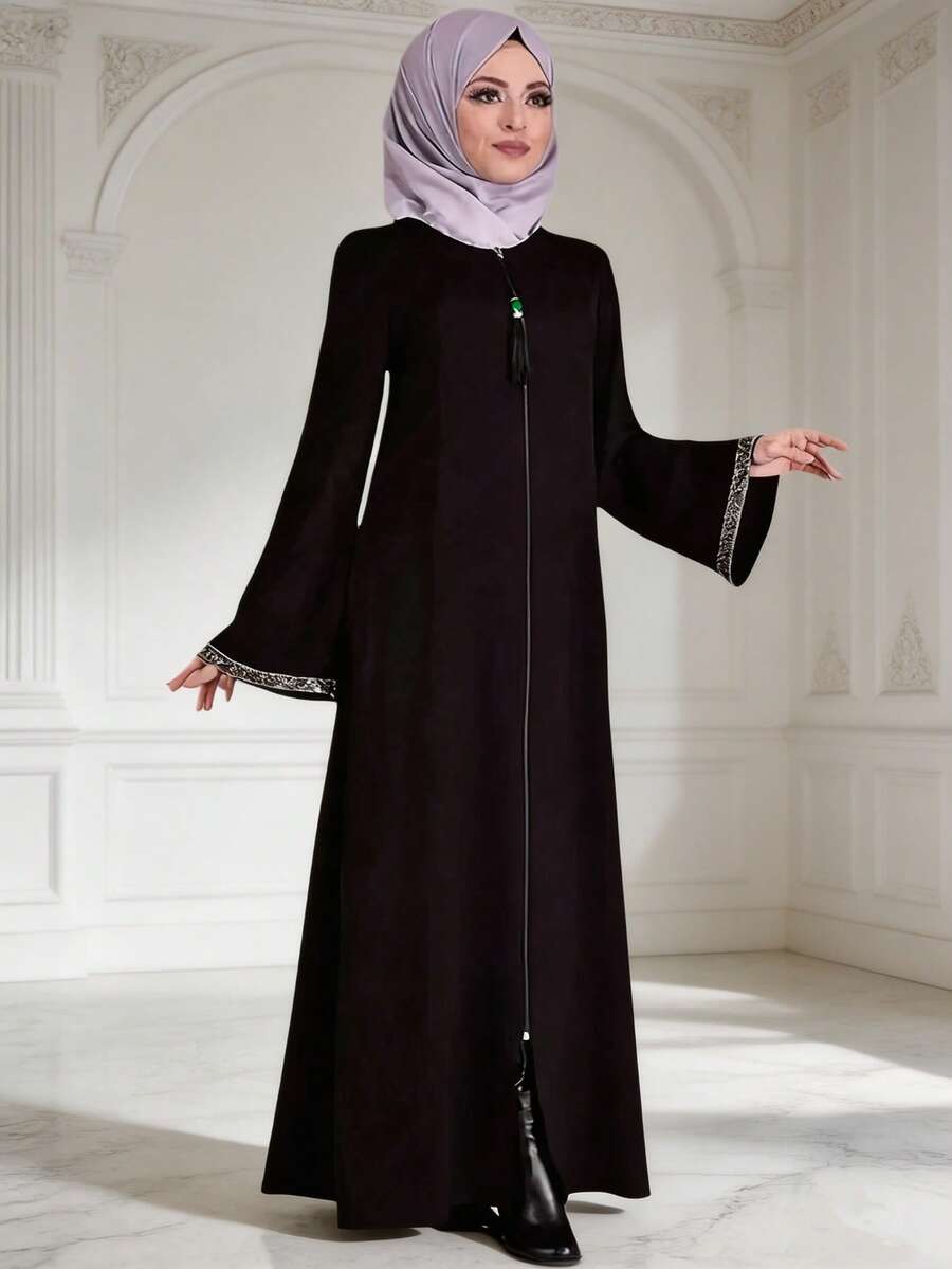 Minimalist Loose Casual Women's Round Neck Zip Up Dress, Dignified Long Robe Spring Black Fall