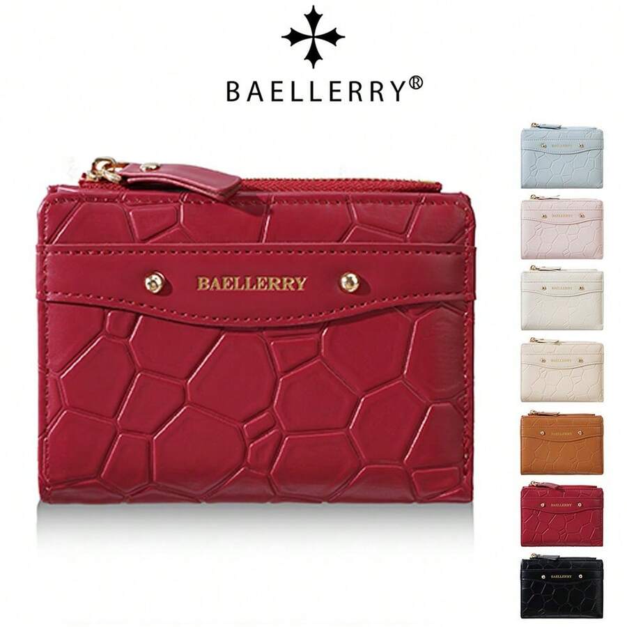 1個 Baellerry 石紋女款短夾，PU皮革迷你雙折錢包，附拉鍊零錢袋、多個卡槽、透明身分證視窗、按扣式卡夾，輕巧便攜，適合旅行、度假、戶外購物、日常通勤，女性日常首選禮物