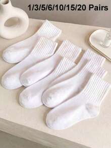 1/3/5/6/10/15/20 Pairs Solid Color Women's Casual Mid-Calf Socks, Unisex, Women's Socks, Gift For Boyfriend - White - View 6