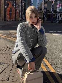 Autumn/Winter Solid Color Loose Button-Front Long Sleeve Women's Cardigan Jacket - Grey - View 5