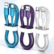 3pcs Fast Charging USB-A To USB-C Data Cables, Braided Nylon Durable Phone Charging Cables, Multiple Lengths Available 3ft 6ft 10ft, Compatible With Samsung, And Other Android Phones, Fits And Android Devices, Suitable For Car Accessories/Travel Essentials/Desk Accessories/Blue - Blue + Purple + White - View 2