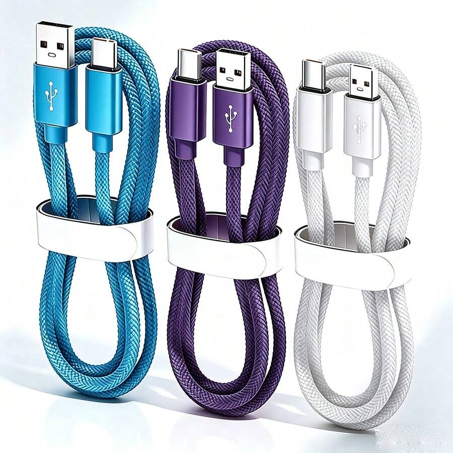 3pcs Fast Charging USB-A To USB-C Data Cables, Braided Nylon Durable Phone Charging Cables, Multiple Lengths Available 3ft 6ft 10ft, Compatible With Samsung, And Other Android Phones, Fits And Android Devices, Suitable For Car Accessories/Travel Essentials/Desk Accessories/Blue