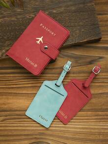 Takeoak 2pcs Customized Foil Stamped Name Passport Holder And Luggage Tag Set Gold Letter Velvet Passport Holder With Buckle Burgundy, Honeymoon Essentials - Multicolor - View 12