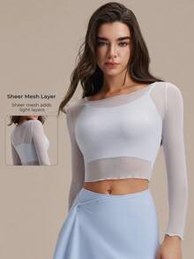 Women's Pilates 2 Pieces Set, Refreshing Sexy Mesh Floral Trim Fitness Long Sleeve Top - Baby Blue - View 2