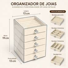 Caixa Organizadora de Joias 5 Gavetas em Acrílico Transparente com Forro Aveludado, Protege Brincos, Colares e Anéis Contra Arranhões e Oxidação, À Prova de Poeira e Umidade para Penteadeira - OrganizadorJoias-5GavetasVeludo-BegeTransparente - Visão 9