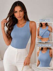 ChicMe Women's Built-In Padded Ribbed Tank Top, Round Neck, Sleeveless, Slim Fit, Casual Basic T-Shirt, Suitable For Work, Gatherings, Daily Street Wear - Dusty Blue - View 2