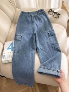 1pc Tween Girl Cargo Loose Straight Wide Leg Denim Jeans With Large Pockets, Outdoor Fashion Versatile - Medium Wash - View 2
