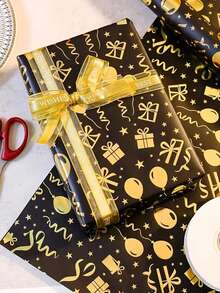 3 Stücke/1 Stück/ schwarzes & goldenes Geburtstags-Geschenkpapier aus Folie, mit goldenem "Alles Gute zum Geburtstag" Text, Ballon- und Geschenkbox-Musterdesign, geeignet für Feiertags-Geschenkverpackung und Blumenstrauß-Dekoration, anwendbar für Geburtstagsfeiern und Themenpartys - Eine Grösse passt allen - Übersicht 3
